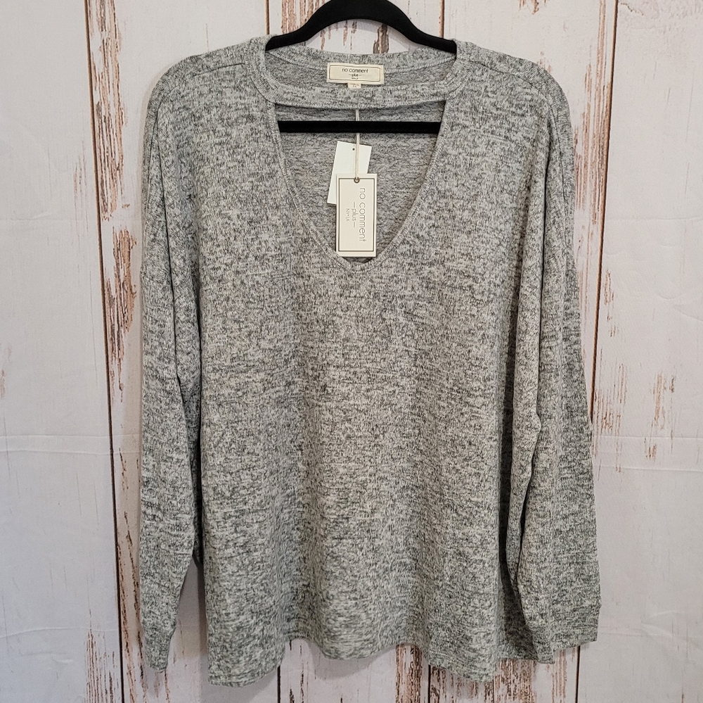 No Comment Plus Grey V Neck Top